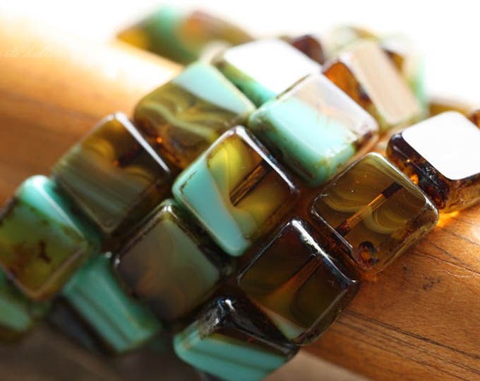 back in stock .. AMBER TURQUOISE SQUARES .. 15 Premium Picasso Czech Glass Square Beads 11x5mm (1009-st) .. jewelry supplies