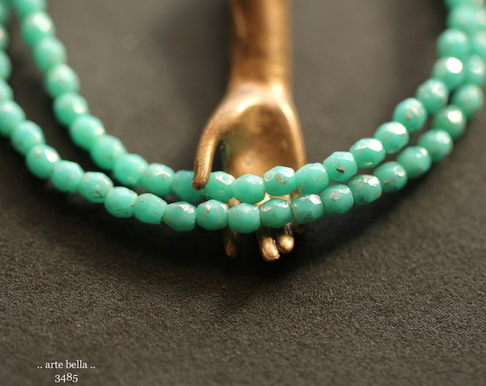 SEA GREEN BITS .. 50 Premium Picasso Czech Glass Faceted Round Beads 3mm (3485-st) .. jewelry supplies