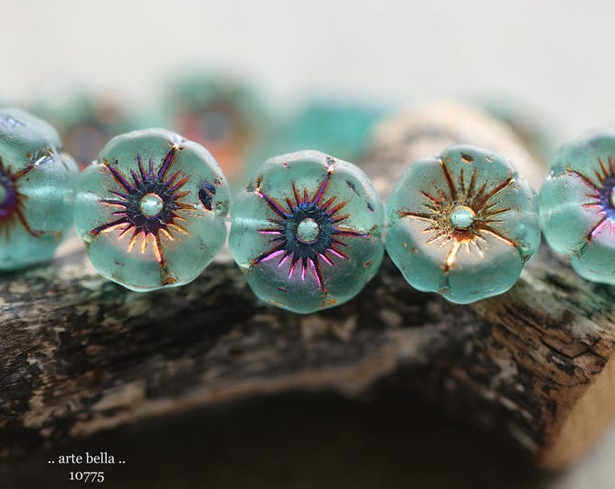 back in stock .. MYSTIC OCEANIC BLOOMS .. 12 Premium Etched Czech Glass Hibiscus Flower Beads 12mm (10775-st) .. jewelry supplies