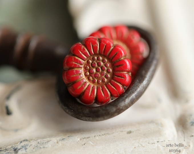 BRONZED CORAL SUNFLOWERS .. New 6 Premium Czech Glass Flower Beads 13mm (10364-6)