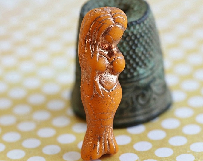 BRONZE TANGERINE MERMAID .. 2 Premium Matte Czech Glass Mermaid Beads 5x25mm (8682-2) .. jewelry supplies