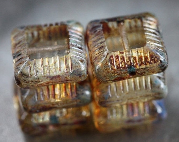 SLICK .. 6 Premium Picasso Czech Glass Chunky Square Beads 13.5x6mm (3560-6) .. jewelry supplies