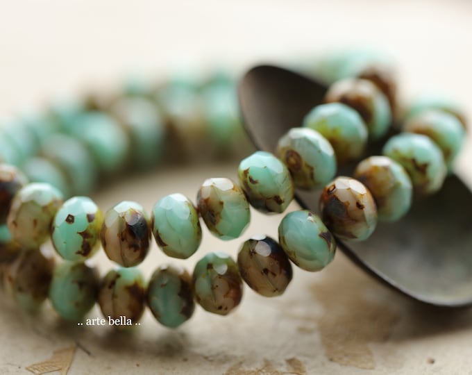 EARTHY CREAM MINTS .. 25 Premium Picasso Czech Glass Faceted Rondelle Beads 6x9mm (9901-st) .. jewelry supplies