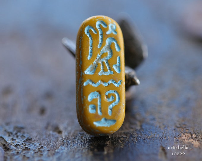 BLUE MUSTARD EGYPTIAN Cartouche .. New 6 Premium Matte Czech Glass Tablet Beads 25x10mm (10222-st)