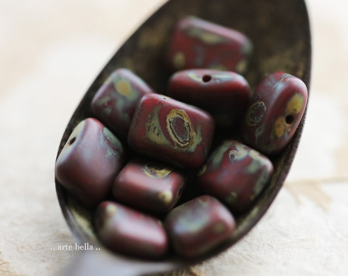 OLD BARN REX .. 10 Premium Matte Picasso Czech Glass Rectangle Beads 11x8mm (9492-10) .. jewelry supplies