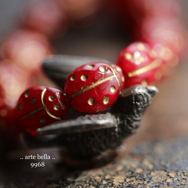 GOLDEN RED LADYBUGS .. 10 Premium Czech Glass Ladybug Beads 10x7mm (9968-st) .. jewelry supplies