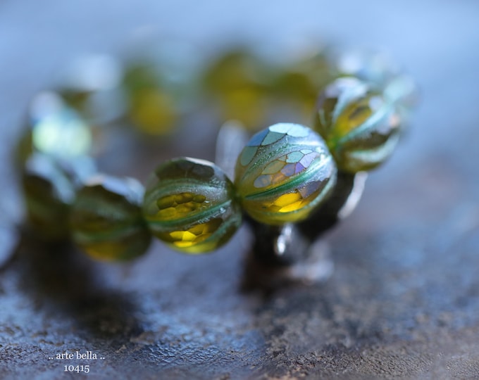 MYSTIC OLIVE GLITZ No. 2 .. 12 Premium Matte Czech Glass Faceted Melon Beads 9/10mm (10415-st) .. jewelry supplies