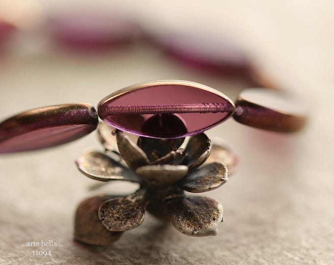BRONZED PURPLE PETALS .. New 10 Premium Czech Glass Spindle Beads 18x7mm (11094-st) .. jewelry supplies