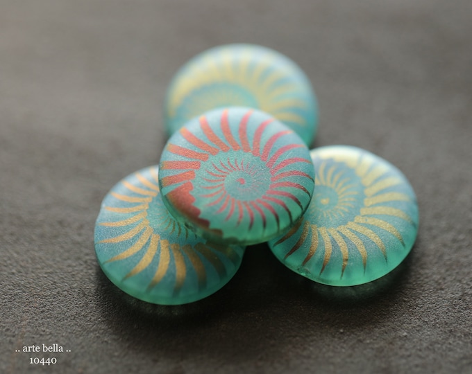 LAGOON SPIRAL COINS .. 4 Premium Matte Czech Glass Laser Etched Spiral Coin Bead Mix 17mm (10440-4) .. jewelry supplies