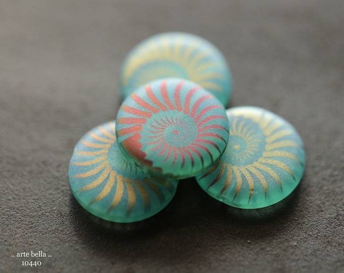 LAGOON SPIRAL COINS .. New 4 Premium Matte Czech Glass Laser Etched Spiral Coin Bead Mix 17mm (10440-4)