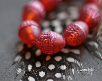 PINK ORANGE ACORNS .. 8 Matte Czech Glass Acorn Beads 12x10mm (10025-st) .. jewelry supplies
