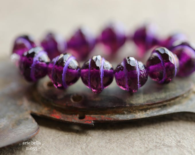 RUSTIC VIOLET BLISS .. New 12 Premium Etched Czech Glass Saturn Beads 10x12mm (11055-st) .. jewelry supplies
