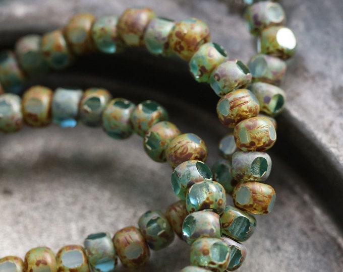 BEACHY AQUA SEEDS .. 50 Premium Picasso Czech Glass Tri-Cut Seed Bead Size 6/0 (5432-st) .. jewelry supplies