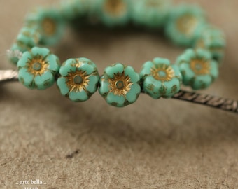 New .. GOLDEN TURQUOISE PANSY 7mm .. 12 Premium Czech Glass Petite Hibiscus Flower Beads (11443-st) .. jewelry supplies