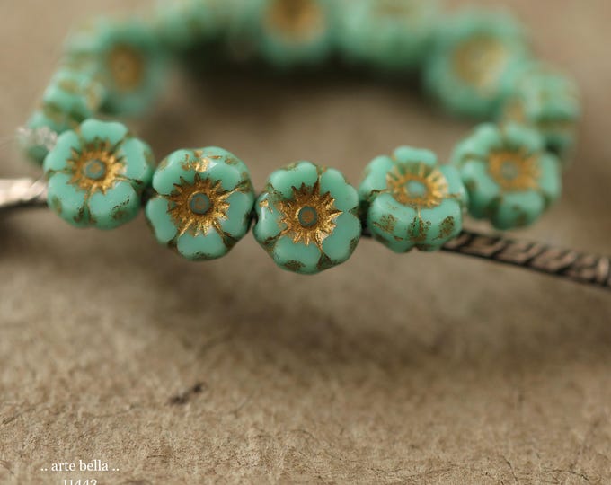 New .. GOLDEN TURQUOISE PANSY 7mm .. 12 Premium Czech Glass Petite Hibiscus Flower Beads (11443-st) .. jewelry supplies
