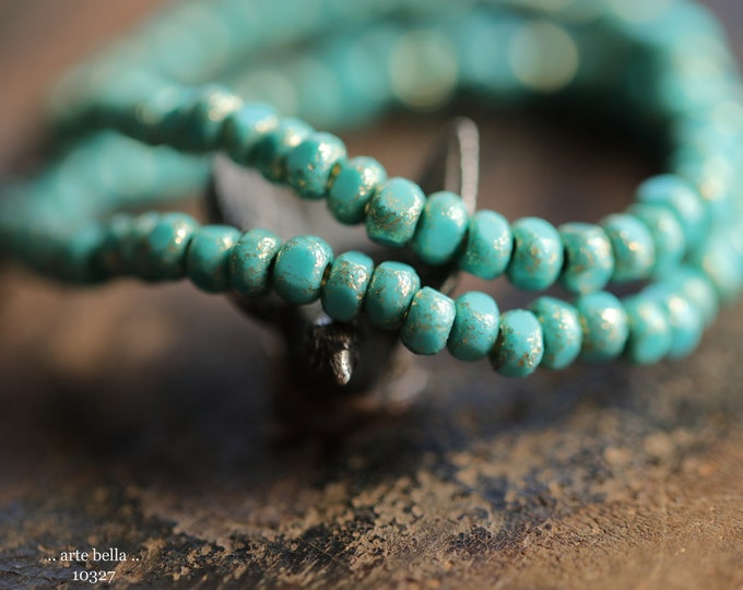 GOLDEN TURQUOISE SEEDS .. 50 Premium Etched Czech Glass Faceted Seed Bead Size 6/0 (10327-st) .. jewelry supplies