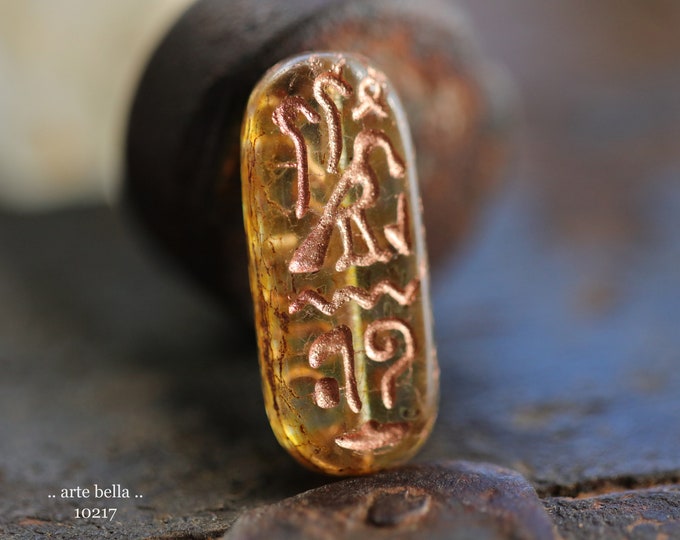 COPPERED HONEY EGYPTIAN Cartouche .. 6 Premium Picasso Czech Glass Tablet Beads 25x10mm (10217-st)