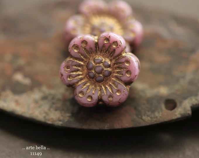 premium glass beads .. BRONZED PINK ROSES .. New 6 Czech Glass Wild Rose Beads 14mm (11149-6) .. jewelry making supplies