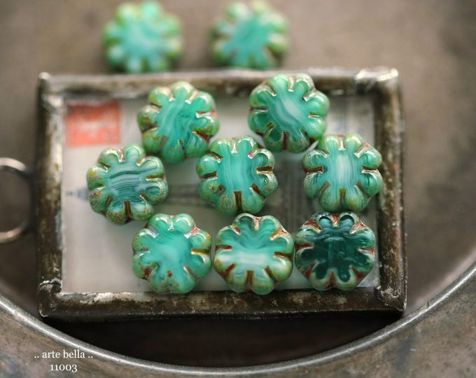 DEEP OCEAN CACTUS Blooms .. New 10 Premium Picasso Czech Glass Cactus Flower Bead Mix 9mm (11003-10) .. jewelry supplies