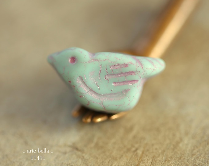 New .. PINK BLUE MINT Chirps .. 6 Premium Czech Matte Glass Bird Beads 11x22mm (11491-st) .. jewelry supplies