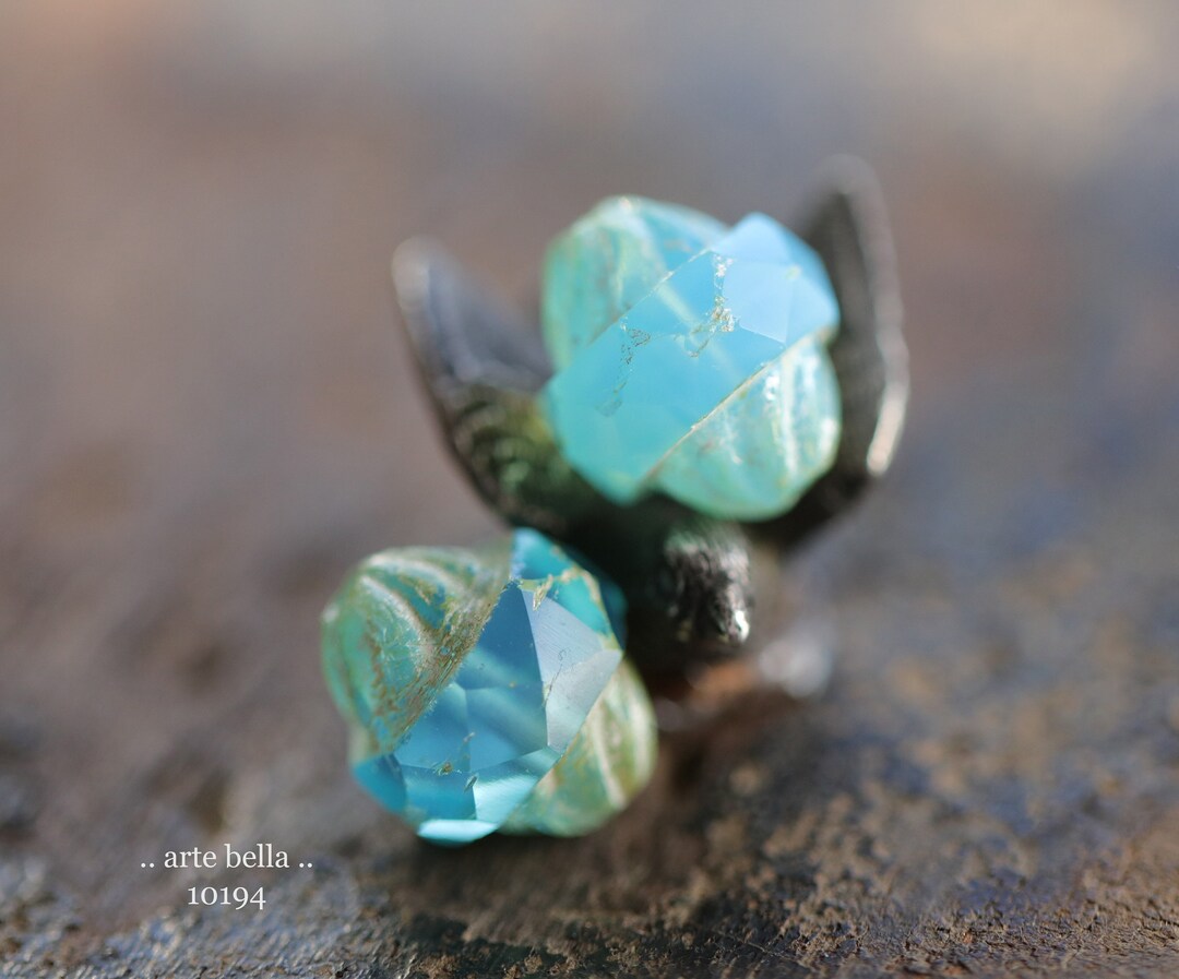 14 Czech Glass Faceted Emerald Green Opal Picasso Turbine Beads