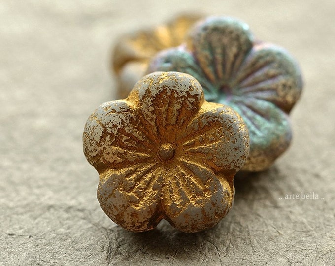 MYSTIC GOLD BLOOMS .. 2 Premium Etched Czech Glass Hibiscus Flower Bead 22mm (8940-2) .. jewelry supplies