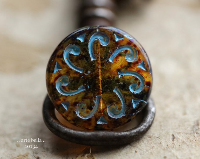 BLUE COGNAC SUNS .. 2 Premium Picasso Czech Glass Floral Sun Coin Bead 23mm (10134-2)