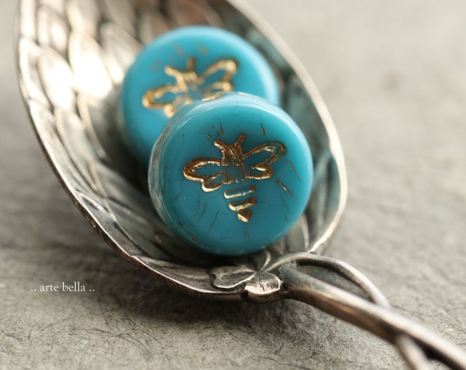 GOLDEN CERULEAN BIZZY B .. 6 Premium Czech Glass Bee Coin Beads 12mm (9155-6) .. jewelry supplies