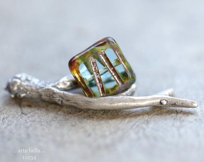 NEW .. RIVER GROOVES .. 10 Premium Picasso Czech Glass Square Tile Beads 10mm (11234-10) .. jewelry making supplies