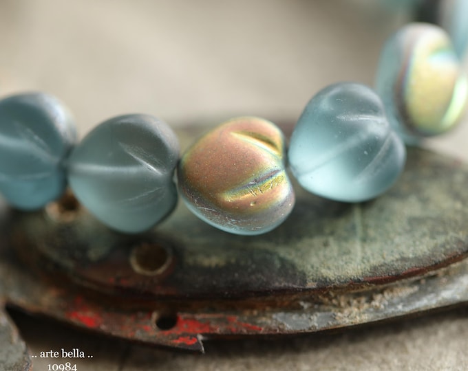MYSTIC PUFFY HEARTS .. New 15 Premium Czech Matte Glass Heart Beads 10x11mm (10984-st) .. jewelry supplies