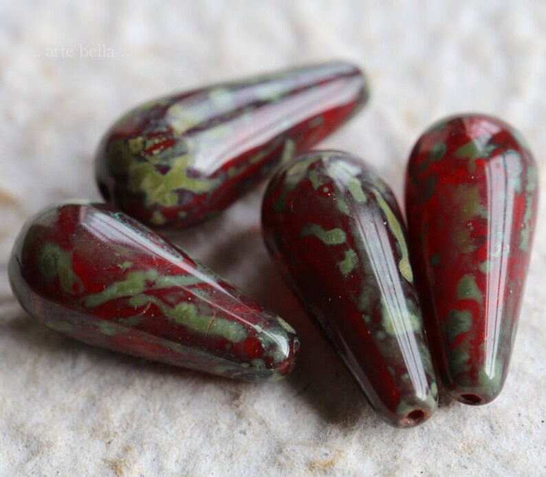 4 Premium Picasso Czech Glass Teardrop Beads 20x10mm RED PERSIMMON CHUBETTES . 5257-4