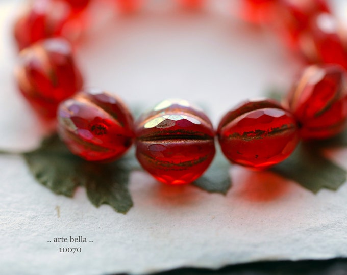 Mystic COPPERED LADYBUG GLITZ No. 1 .. 12 Premium Matte Czech Glass Faceted Melon Beads 10mm (10070-st) .. jewelry supplies