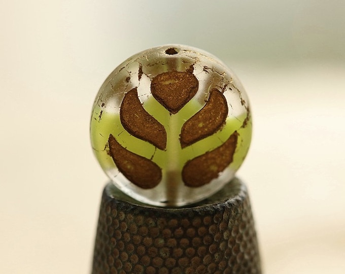 last ones .. GOLDEN GREEN MONSTERA Leaves .. 4 Premium Matte Czech Glass Monstera Leaf Beads 14mm (8956-4) .. jewelry supplies