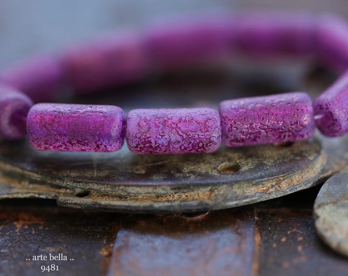 back in stock .. RUSTIC BOYSENBERRY TUBES .. 10 Etched Premium Czech Glass Tube Beads 14x7mm (9481-st) .. jewelry making supplies