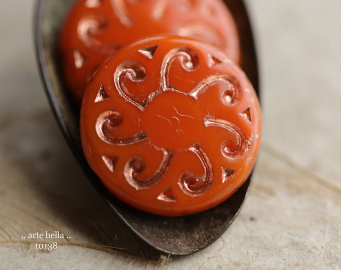 COPPERED ORANGE SUNS .. 2 Premium Czech Glass Floral Sun Coin Bead 23mm (10138-2)