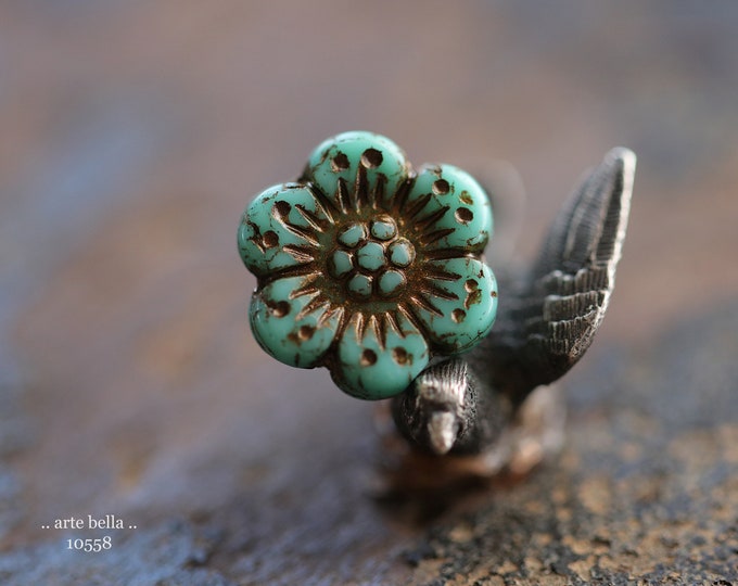 BRONZED TURQUOISE ROSES .. 6 Premium Picasso Czech Glass Wild Rose Bead Mix 14mm (10558-6) .. jewelry supplies