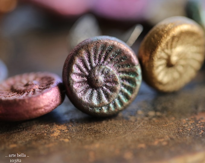 METALLIC FOSSIL MIX .. New 10 Premium Metallic Czech Glass Spiral Fossil Beads 18mm (10382-st)