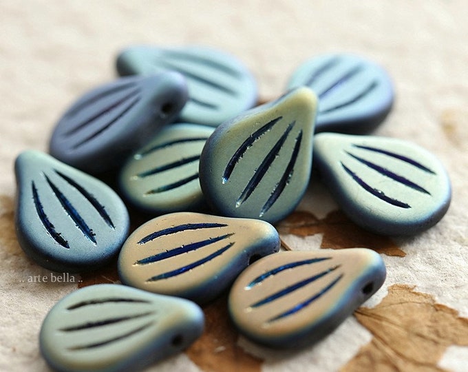 AURORA BLACK PIPS .. 10 Premium Matte Czech Glass Large Engraved Pip Beads 9x14mm (8981-10) .. jewelry supplies