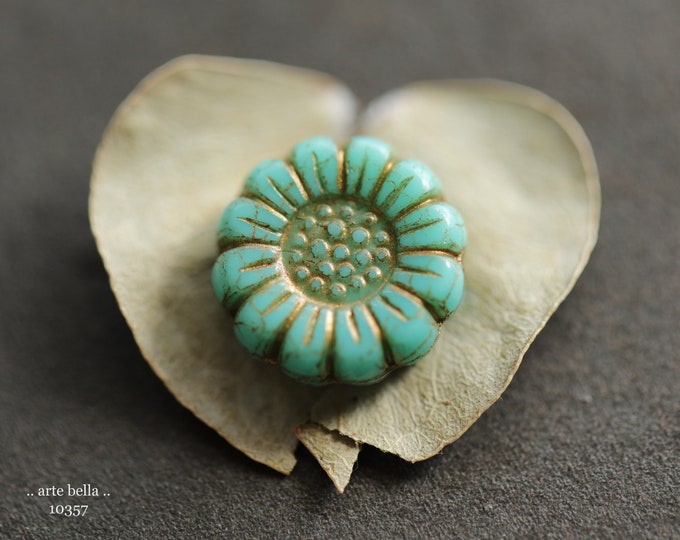 BRONZED TURQUOISE SUNFLOWERS .. 6 Premium Czech Glass Flower Beads 13mm (10357-6) .. jewelry supplies