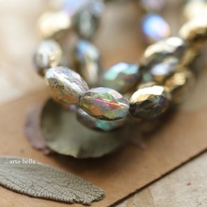 premium glass beads .. MYSTIC GOLD OLIVES .. 12 Etched Czech Glass Faceted Oval Beads 12x8mm (9648-st) .. jewelry supplies