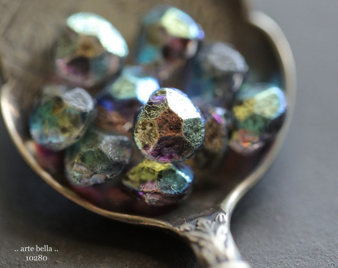 MYSTIC MERCURY DROPS .. 10 Premium Rustic Etched Czech Glass Faceted Briolette Beads 10x9mm (10280-10) ..  jewelry supplies