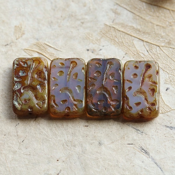 PINK LILAC HONEY .. 4 Premium Picasso Czech Glass Rectangle Beads 18x12mm (5797-4) .. jewelry supplies