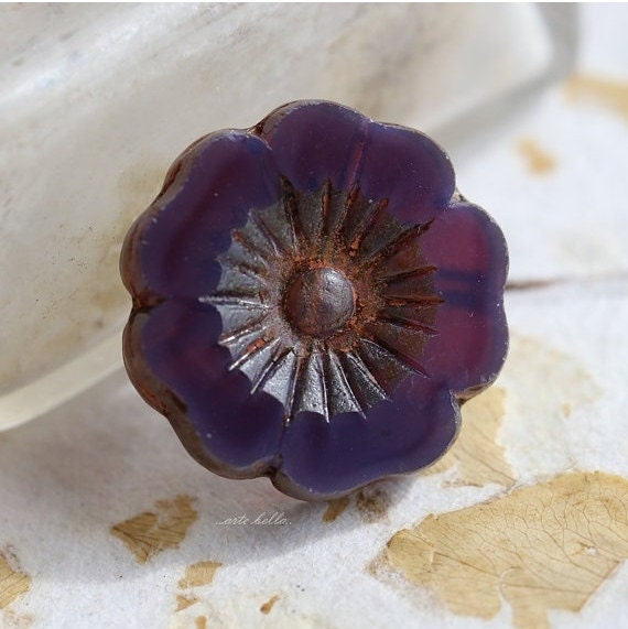 GRAPE PANSY No. 2 .. 1 Premium Picasso Czech Glass Flower Beads 22mm …