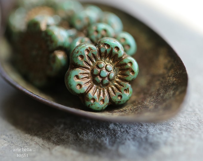 premium glass beads .. BRONZED MOSS ROSES .. 6 Picasso Czech Glass Wild Rose Bead Mix 14mm (10561-6) .. jewelry supplies