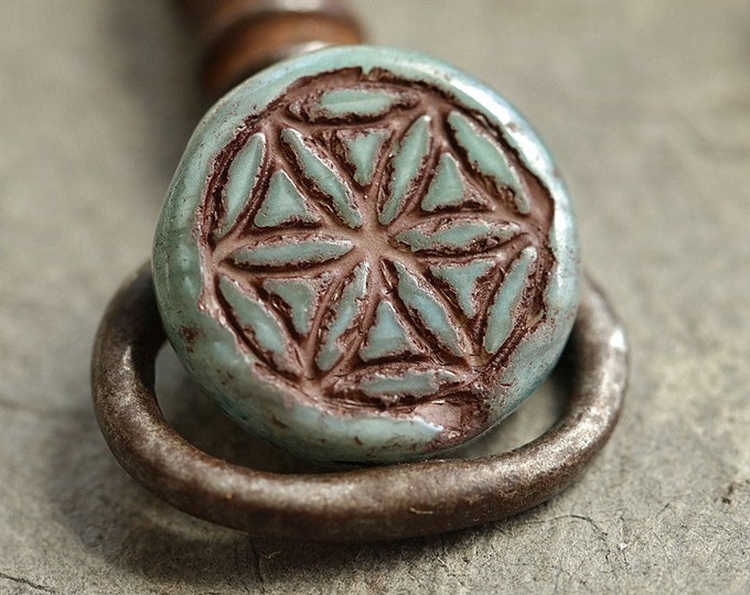 BROWN FERN FLOWERS .. 2 Premium Picasso Czech Glass Flower of Life Beads 19mm (8978-2) .. jewelry supplies