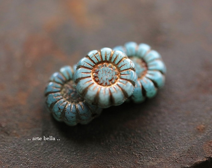 BRONZED BLUE SUNFLOWERS Mix .. 6 Premium Czech Glass Flower Beads 13mm (9920-6) .. jewelry supplies