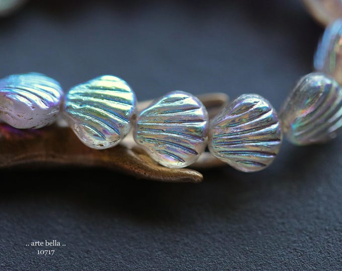 MYSTIC RAINBOW Bebe SHELLS .. New 15 Premium Czech Glass Shell Beads 9mm (10717-st) .. jewelry supplies