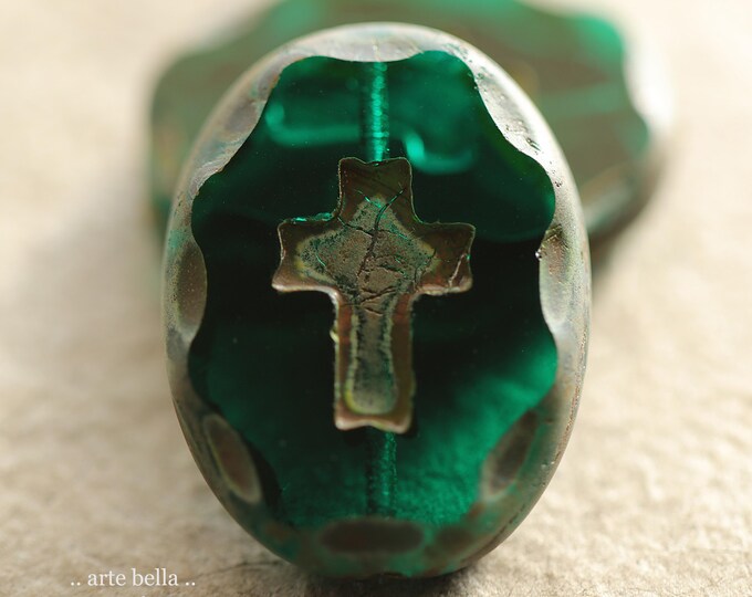 New .. DEEP OCEAN CROSSES No. 1 .. 2 Premium Matte Picasso Czech Glass Oval Cross Bead Mix 25x19mm (11164-2) .. jewelry making supplies