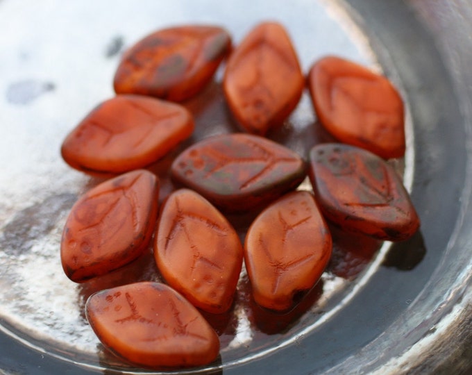 PUMPKIN LEAVES .. 25 Premium Matte Picasso Czech Glass Leaf Beads 12x7mm (1533-st)