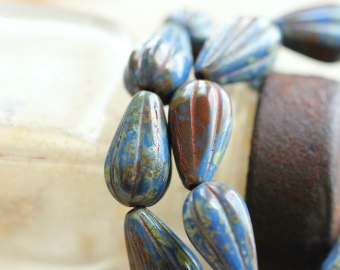 EARTHY LAPIS MELON Drops .. 10 Premium Picasso Czech Glass Melon Drop Beads 13x8mm (9016-st) .. jewelry supplies